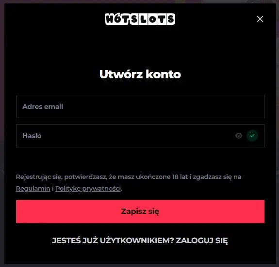 Formularz rejestracji w hotslots casino